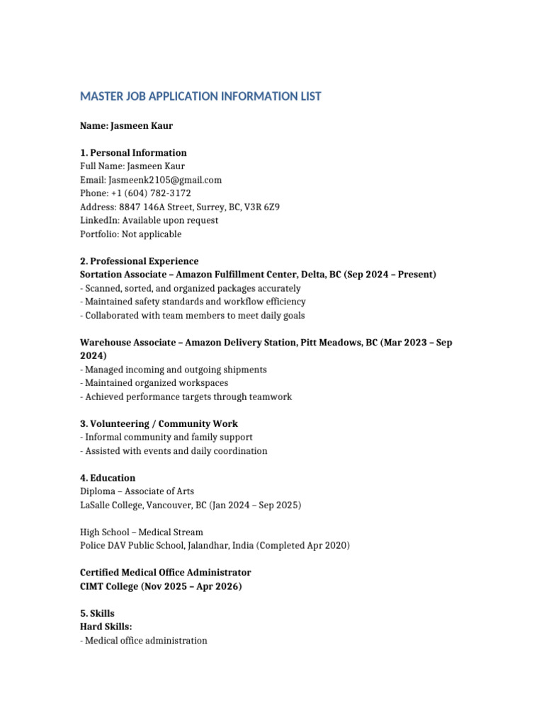 Master Job Application List Jasmeen Kaur | PDF