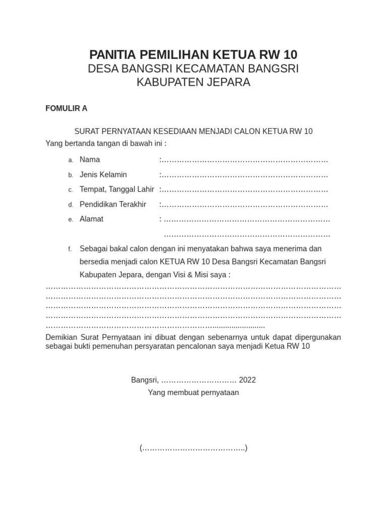 Formulir Pendaftaran Calon RW | PDF