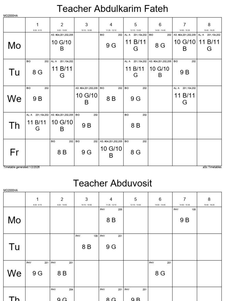 PSN S2 T1 2026 Timetable Version 1 - Teachers | PDF