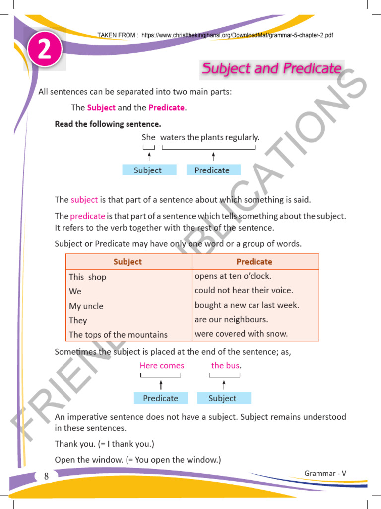 Grammar 5 Chapter 2 Subject and Predicate | PDF | Subject (Grammar ...
