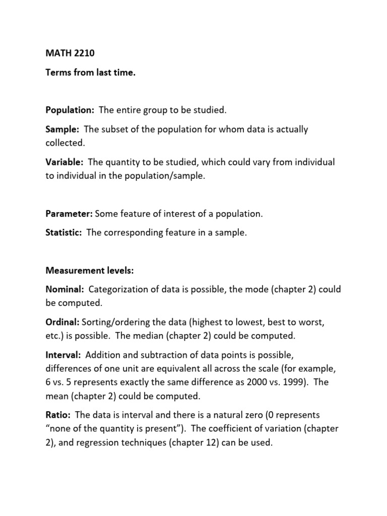 Chapter 1 Terms | PDF | Sampling (Statistics) | Level Of Measurement