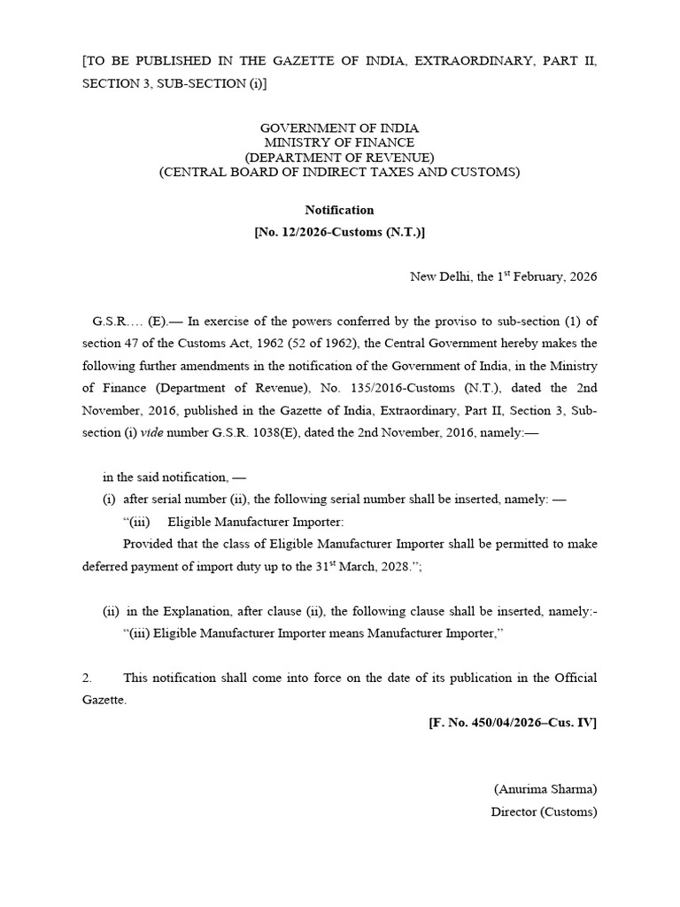 Notification No. 12-2026-Customs (N.T.) Dated 01.02.2026 | PDF