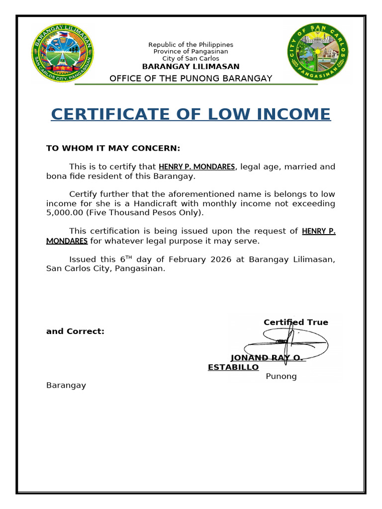 Certificate Low Income | PDF
