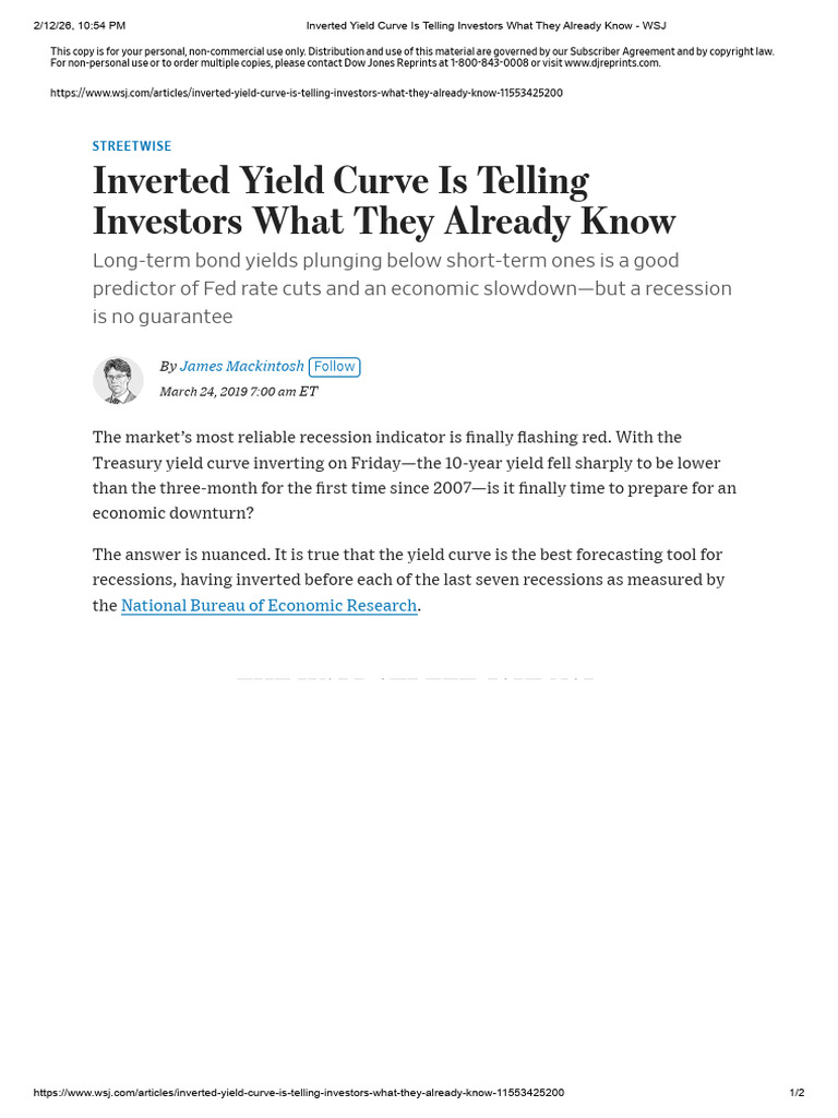 Inverted Yield Curve Is Telling Investors What They Already Know - WSJ ...
