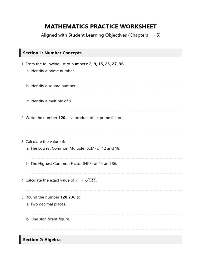 Mathematics Practice Worksheet - SLO Based | PDF | Numbers | Number Theory
