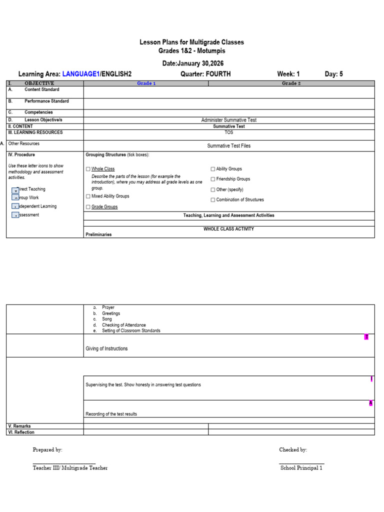 MG Day 5 Lesson Plan Language 1 &english2 | PDF | Lesson Plan ...