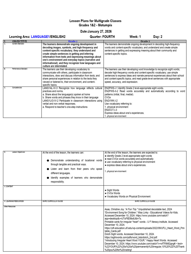 Day 2mg Lesson Plan g1&g2 - Language&English | PDF | Vocabulary | Learning