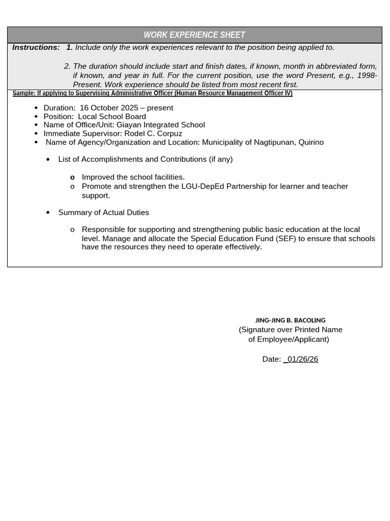 ANNEX H-2 - CS Form No. 212 Attachment - Work Experience Sheet | PDF