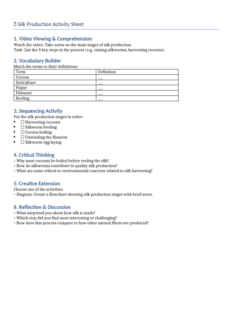 Silk Production Activity Sheet (1) | PDF