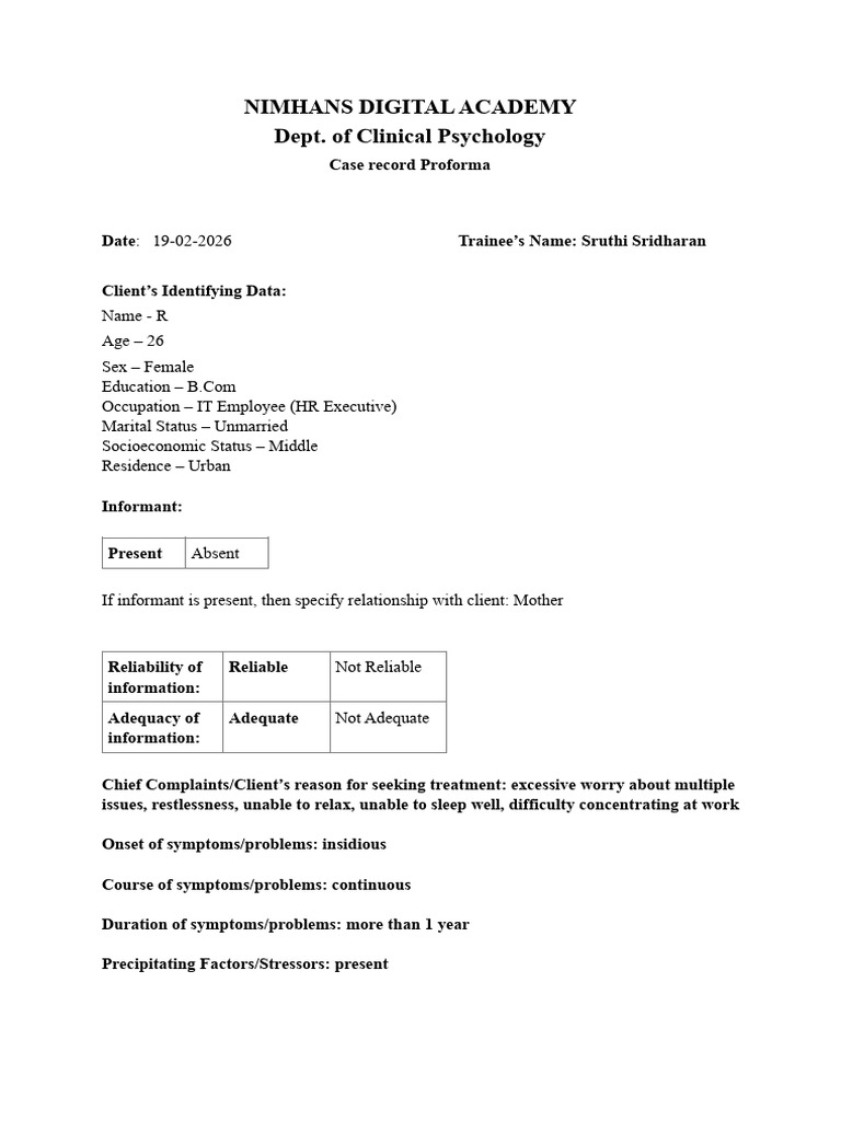 Case Record Proforma I - DCMHPsychol - Batch 20 | PDF | Anxiety ...