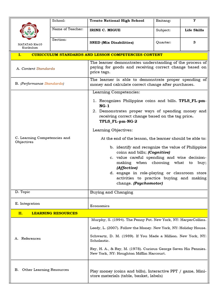 Sample Lesson Plan For Life Skills | PDF | Learning | Teachers