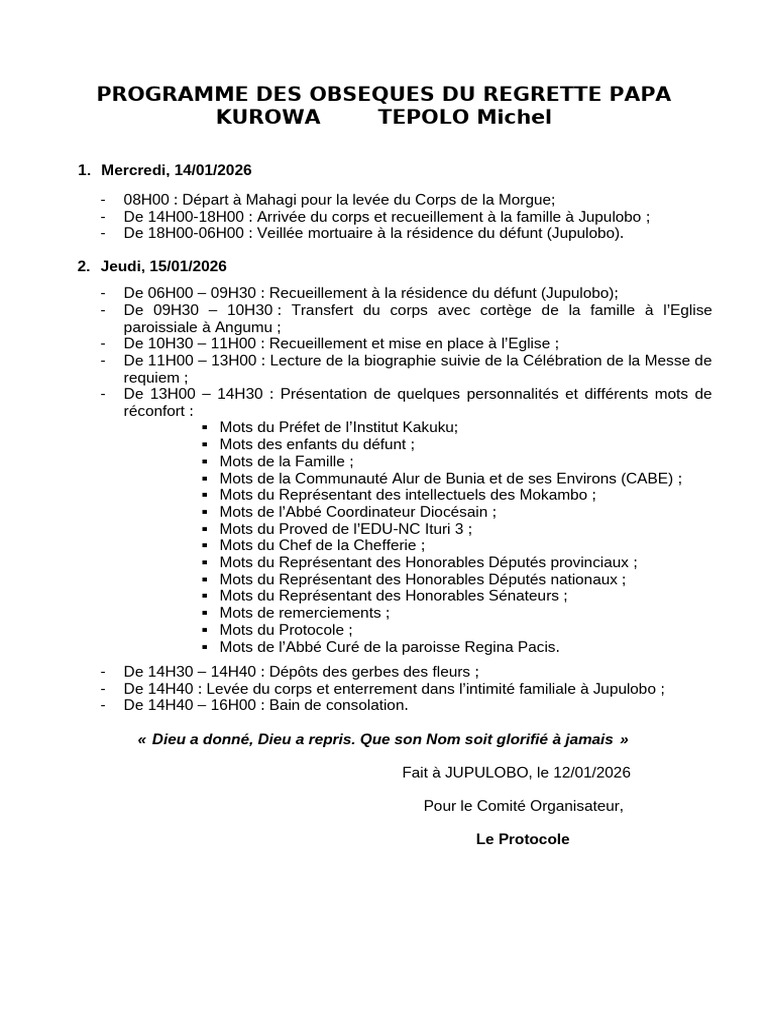 Programme Des Obseques de Kurowa | PDF