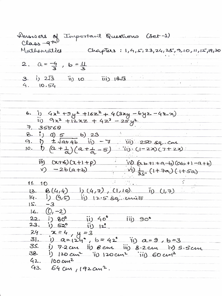 Class 9 Maths Answers of Important Questions (Set-1) - 2025-26 | PDF