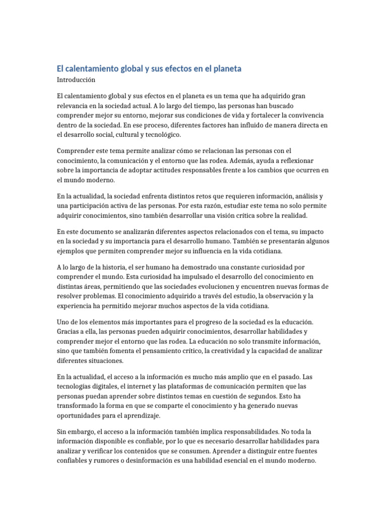 El Calentamiento Global | PDF | Aprendizaje | Sociedad