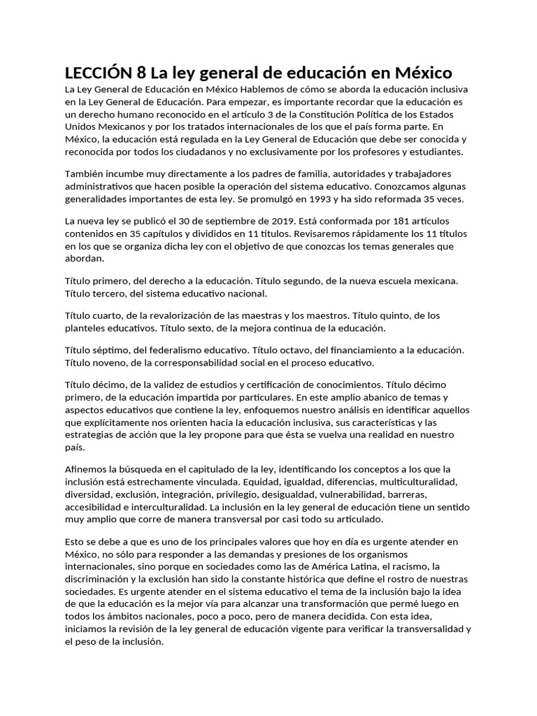 LECCIÓN 8la Ley General de Educación en México | PDF | Inclusión ...