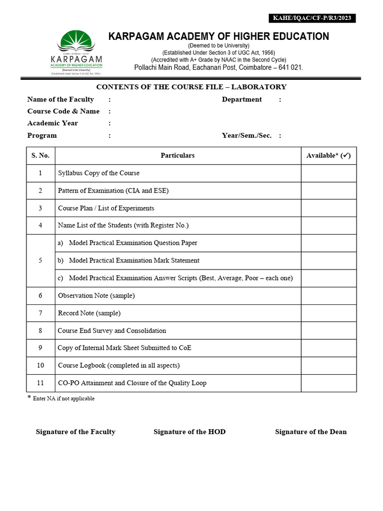 Contents of the Course File – Laboratory | PDF