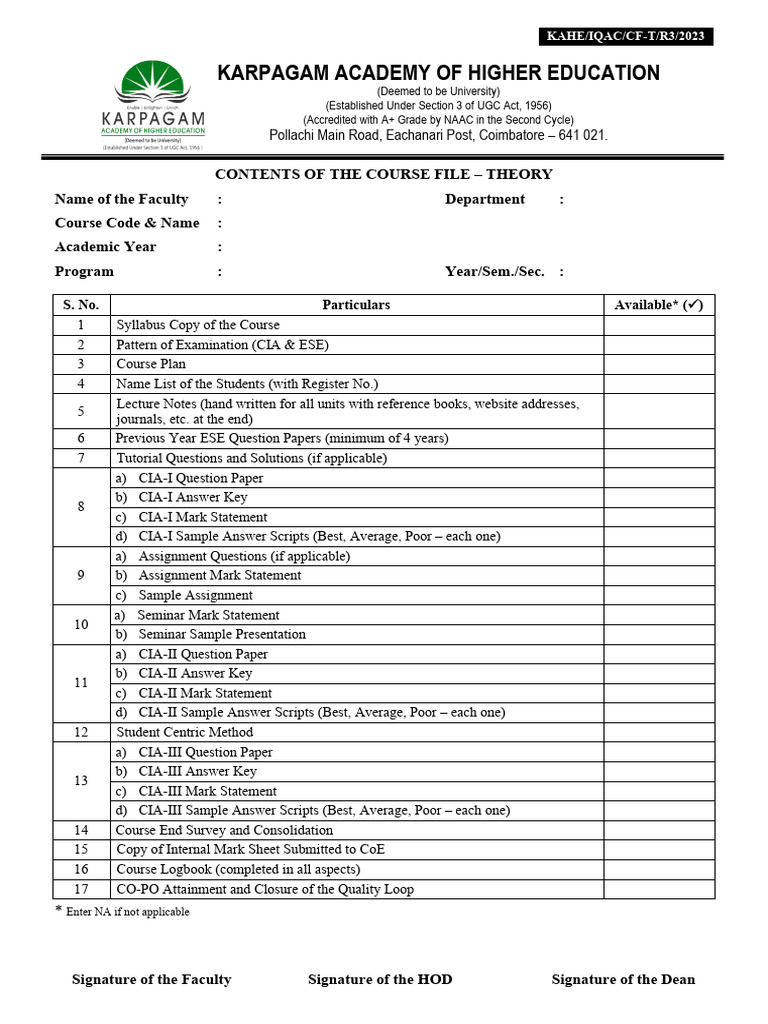Contents of The Course File - Theory | PDF | Higher Education ...