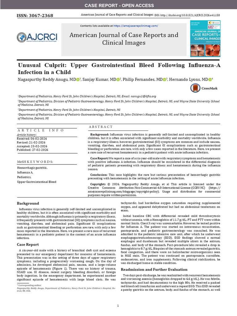 Unusual Culprit: Upper Gastrointestinal Bleed Following Influenza-A ...