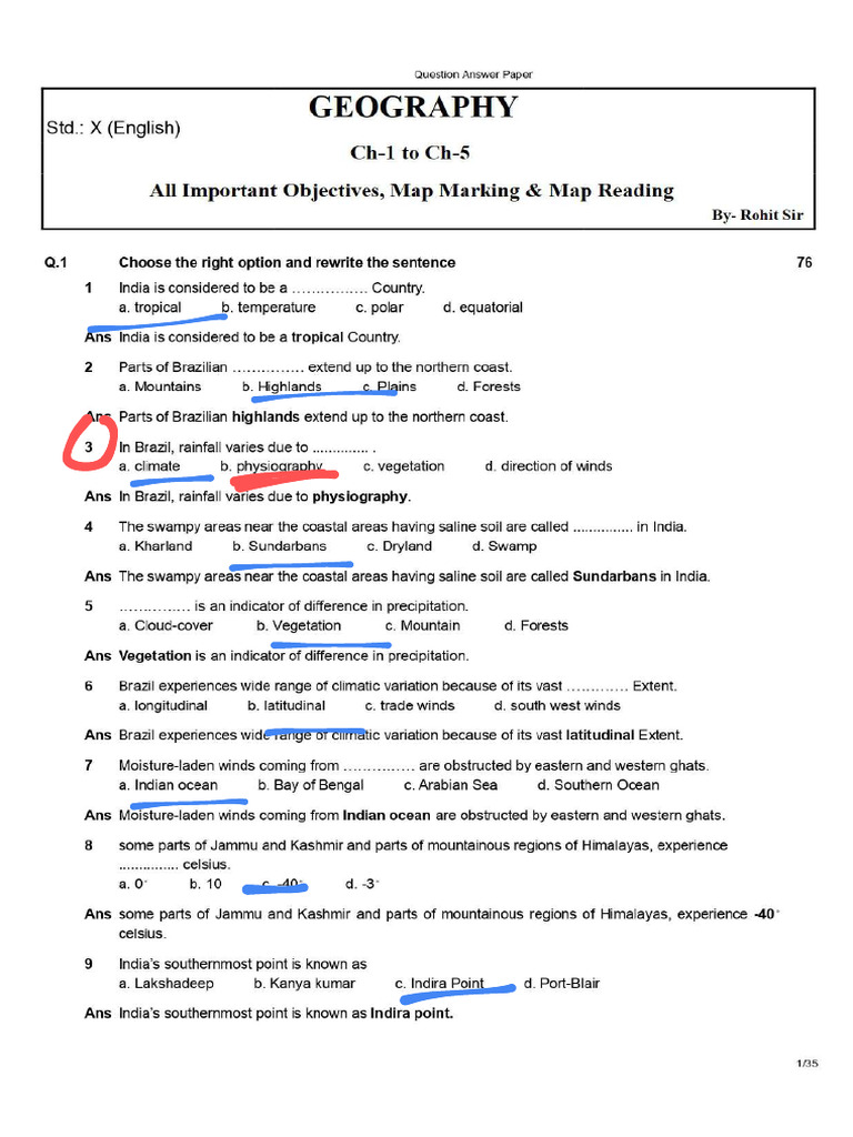 XTH STD, Geog (Ch-1 To 5) Objectives | PDF