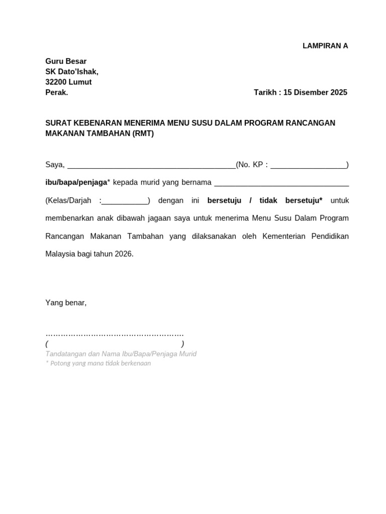 Surat Setuju Terima RMT 2026 | PDF