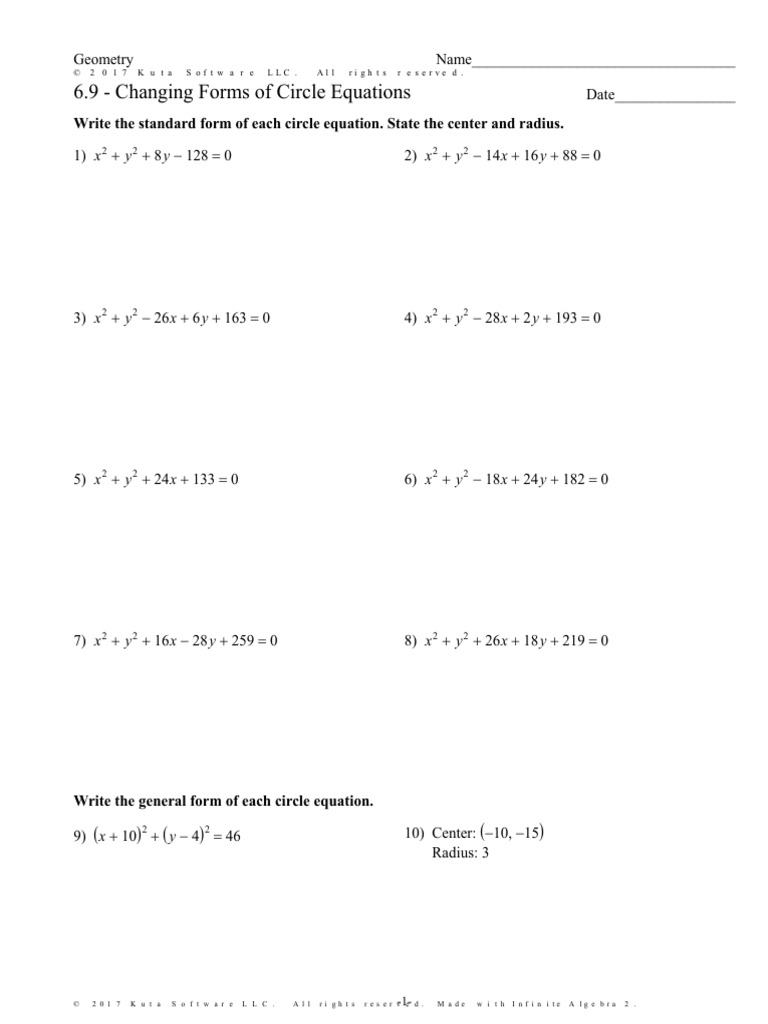 6.9 - Practice - Changing Forms of Circle Equations - Honors (1) | PDF ...