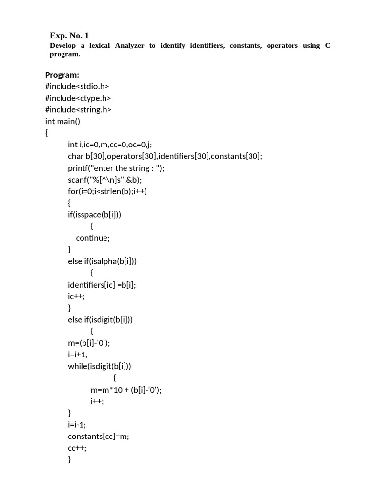 CSA14 - Compiler Design - Lab Programs - 1 to 40 | PDF