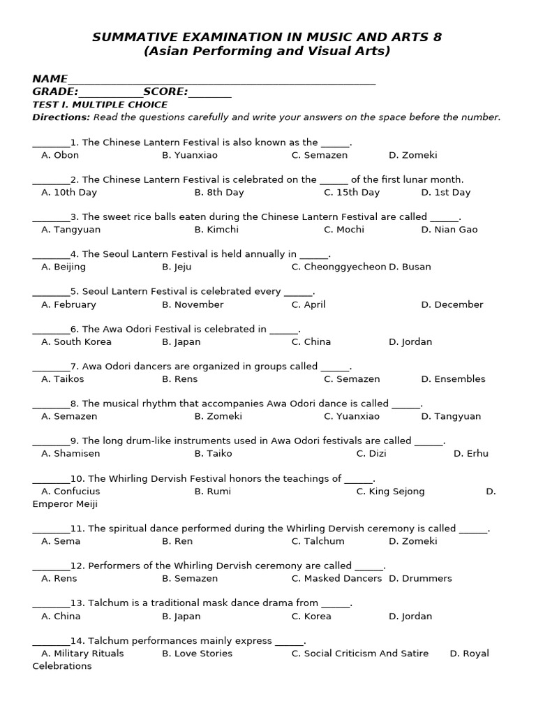 1st Summative Examination in Music and Arts 8 | PDF