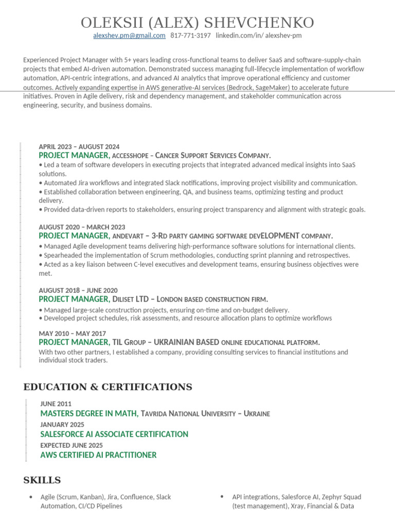 Resume Alex Shevchenko | PDF | Agile Software Development | Business
