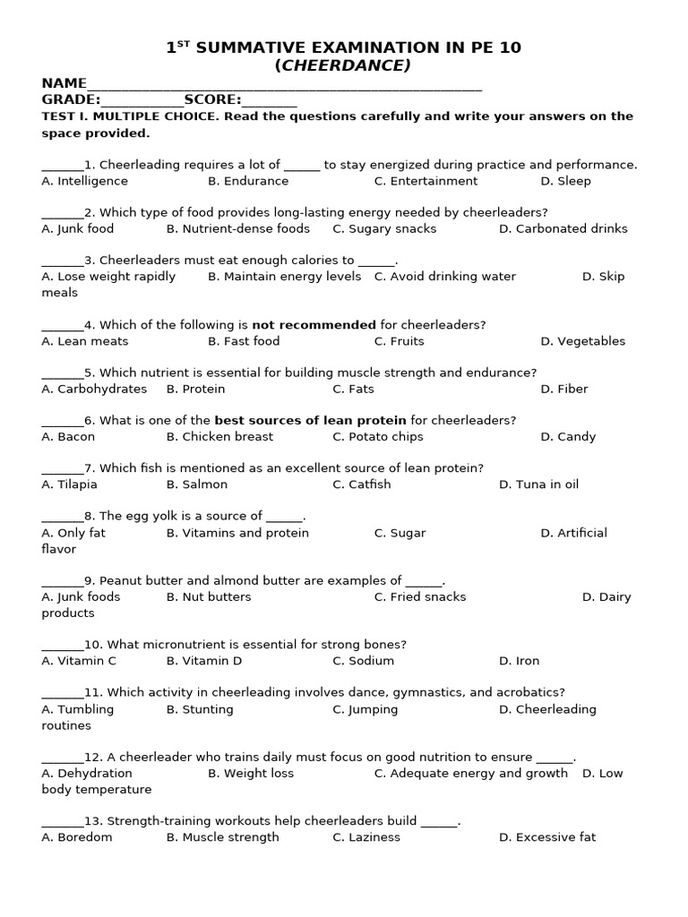 1st Summative Examination in Pe 10 | PDF | Foods | Vitamin
