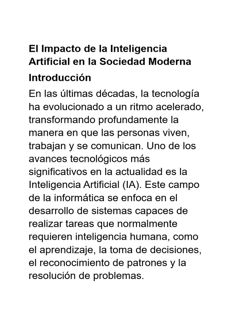 El Impacto de La Inteligencia Artificial en La Sociedad Moderna | PDF ...