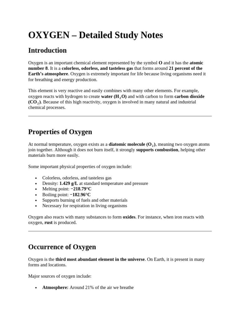 OXYGEN - Detailed Study Notes | PDF | Oxygen | Water