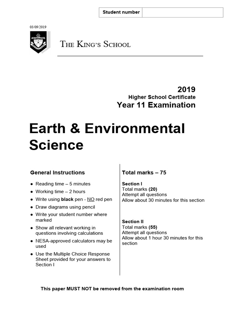 Kings 2019 Earth & Environmental Science Prelim Yearly & Solutions (1 ...