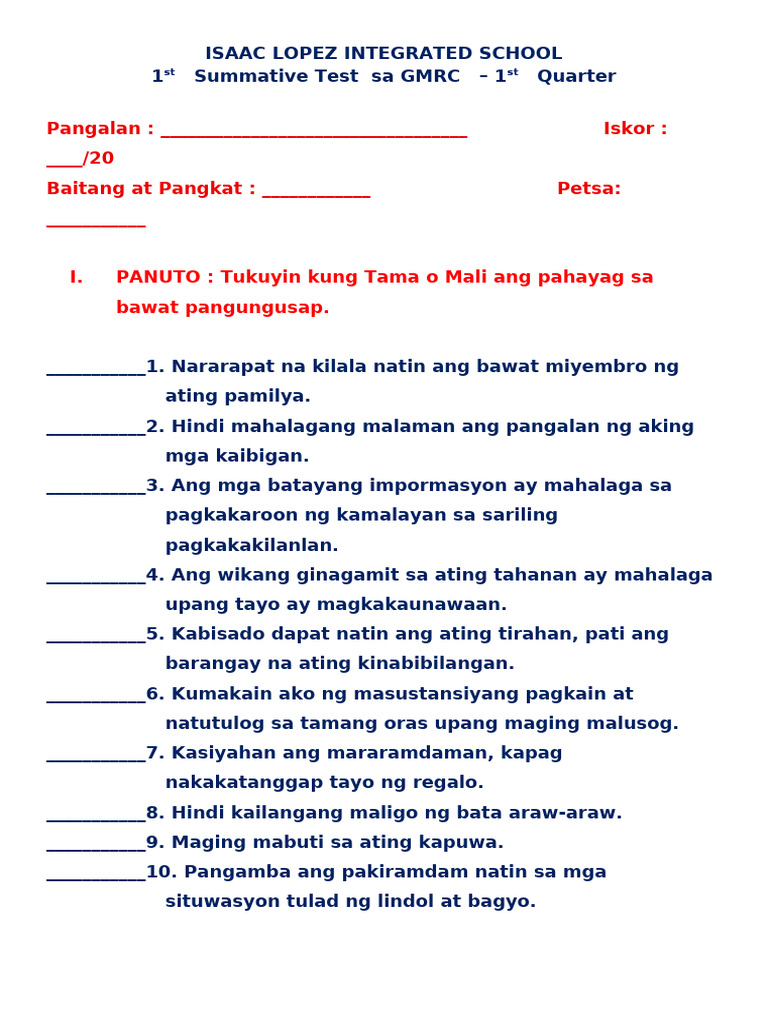 1st Summative Test in GMRC Q1 | PDF