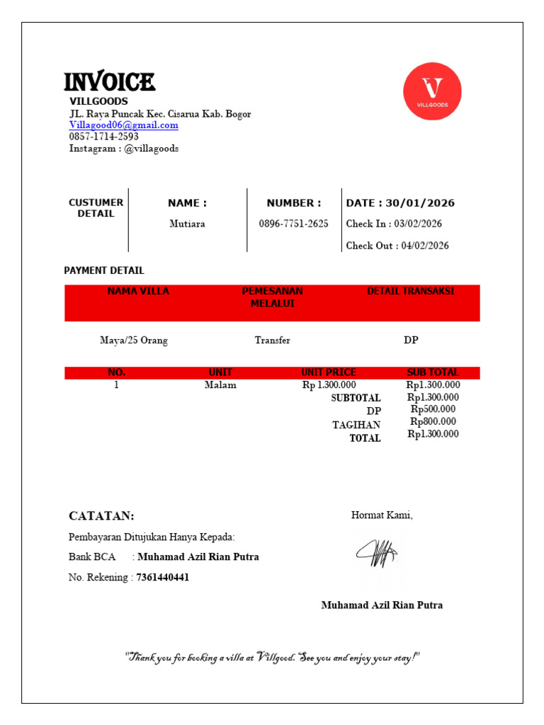 Invoice DP Villa Maya-30012026-Mutiara | PDF