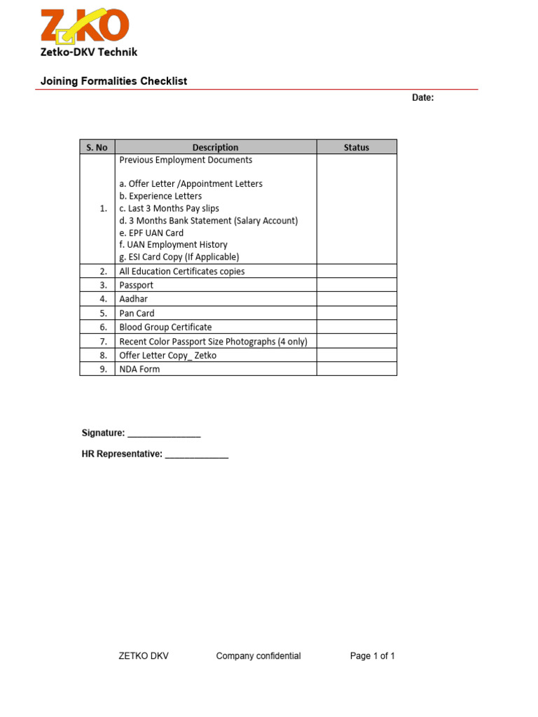 Joining Formalities Checklist - Zetko DKV | PDF
