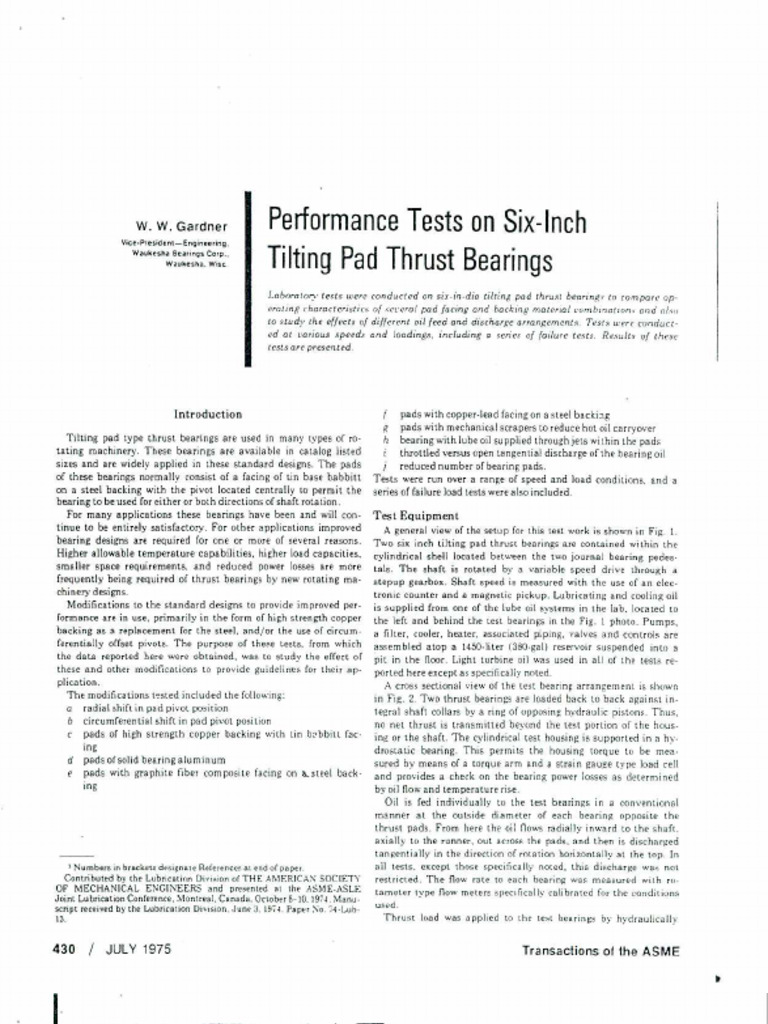 Performance Tests On Six-Inch Tilting Pad Thrust Bearings | PDF
