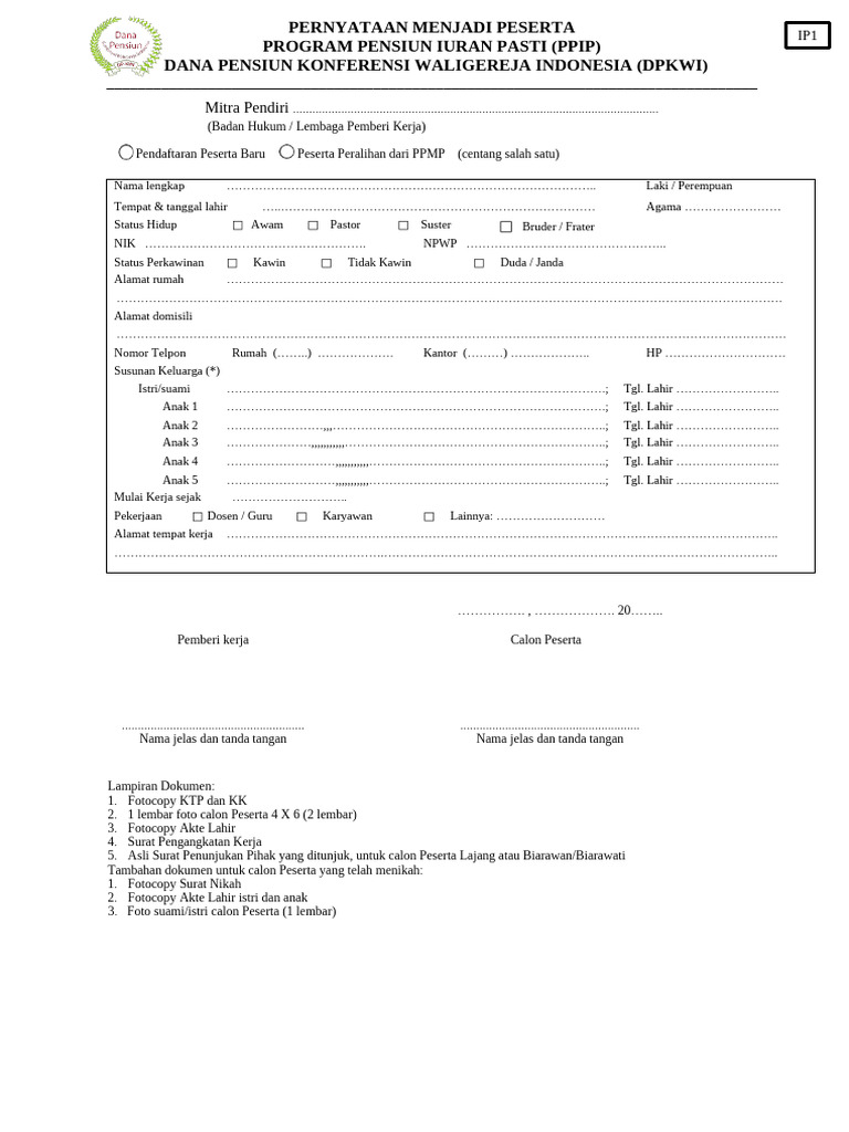 IP1 - Form Pendaftaran DPKWI PPIP R1 | PDF