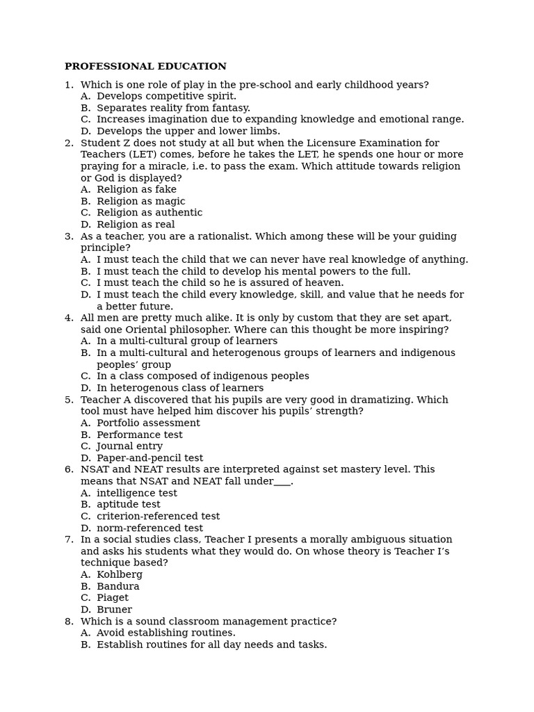 Professional Education Mock Test | PDF | Teachers | Psychology