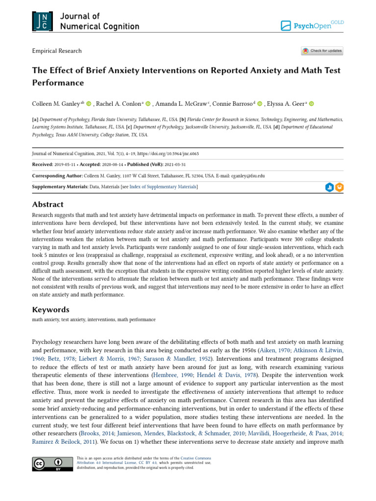 The Effect of Brief Anxiety Interventions On Reported Anxiety and Math ...