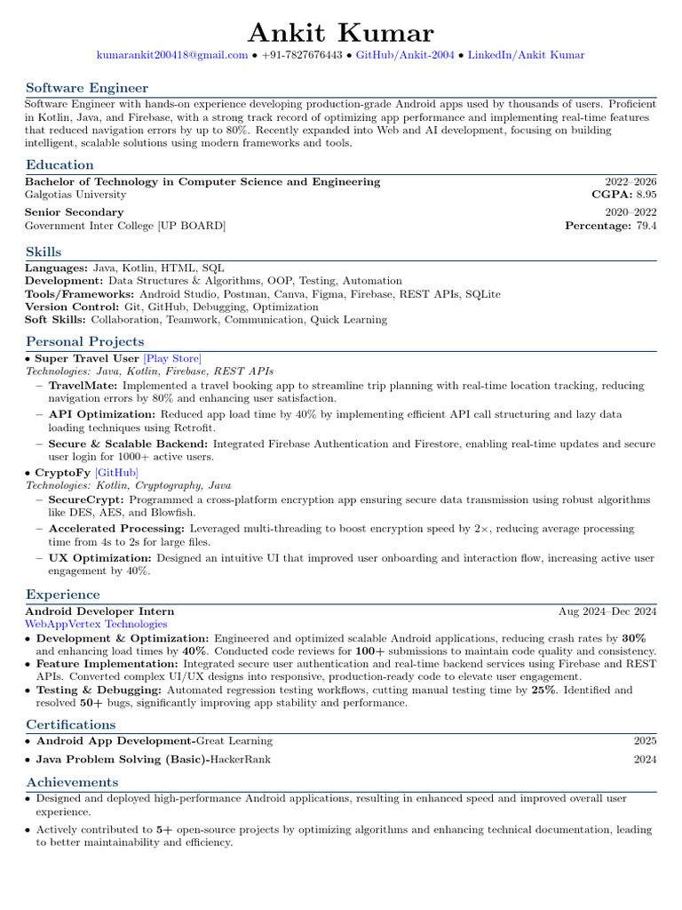 Content Ankit Kumar Resume | PDF | Android (Operating System) | Java ...