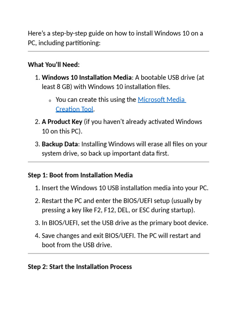 Windows 10 Installation Steps | PDF | Bios | Booting