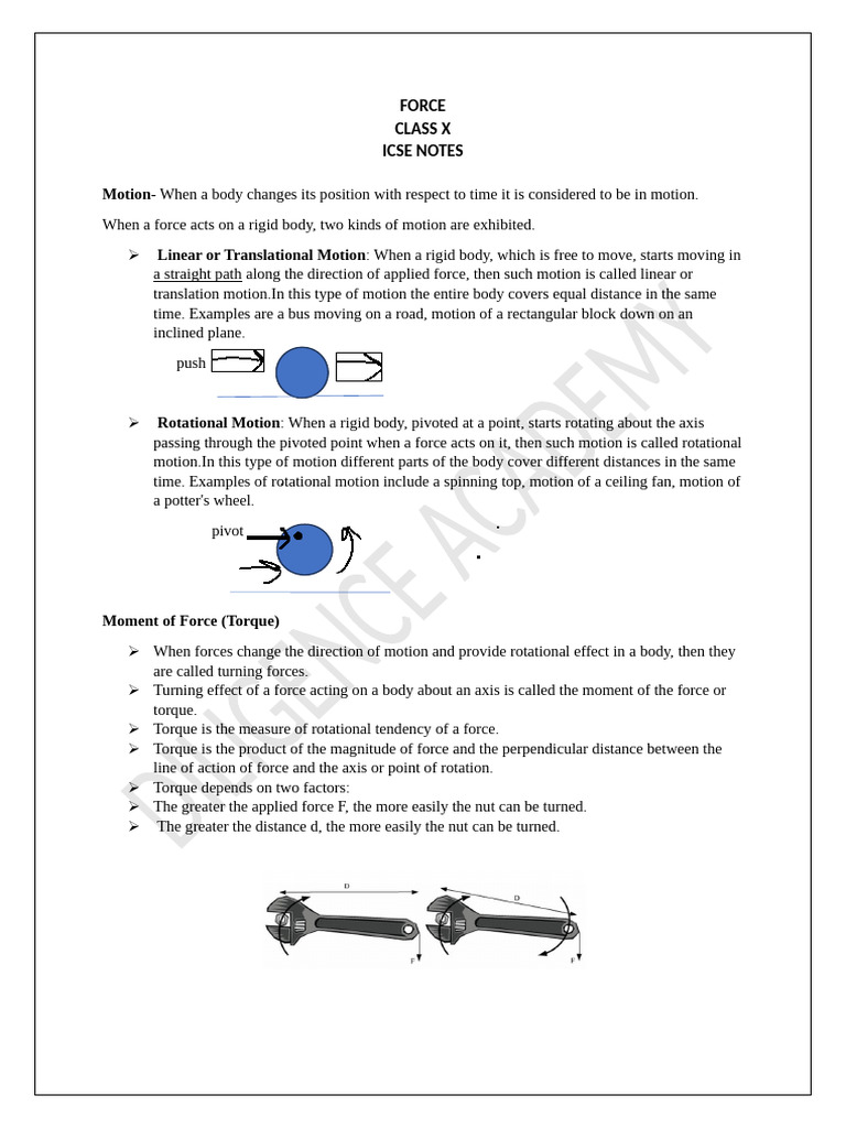 FORCE Notes Class X | PDF | Center Of Mass | Rotation Around A Fixed Axis
