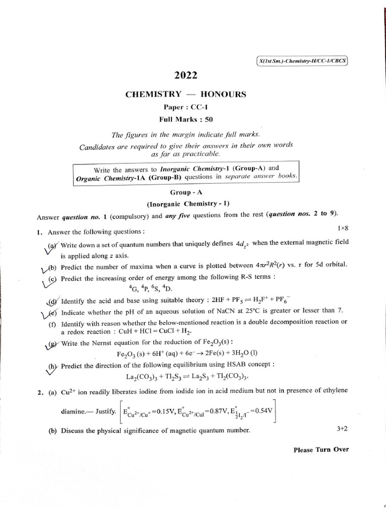 CC1 Chemistry 2022 1st Sem | PDF