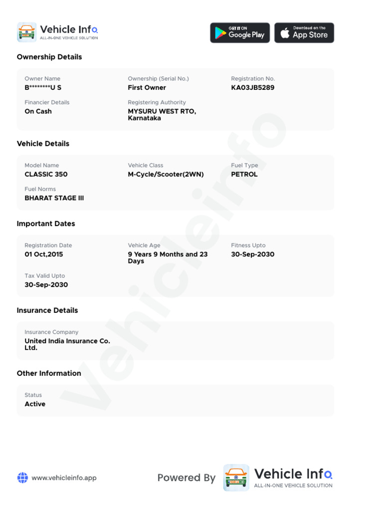 Ownership Details: B U S First Owner KA03JB5289 | PDF