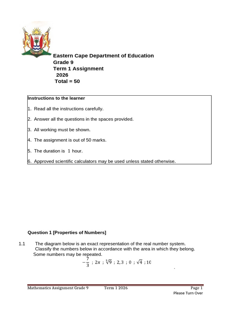 0 - Grade 9 Term 1 Assignment 2026 | PDF | Numbers | Real Number