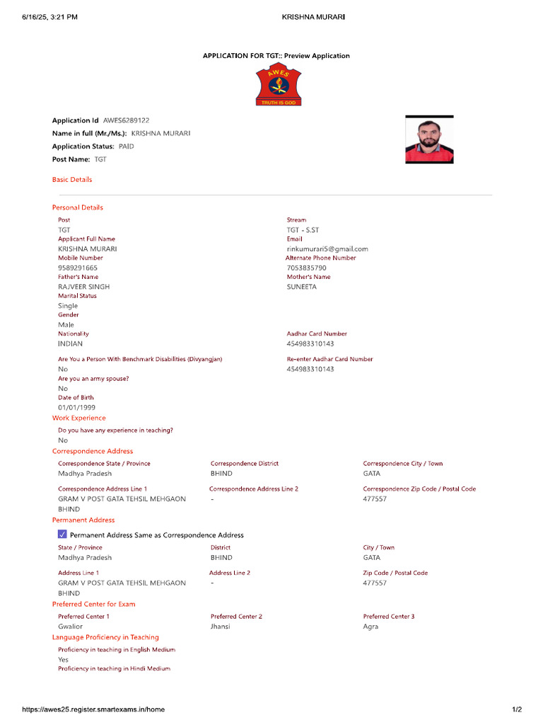 Awes Army TGT School 2025 | PDF