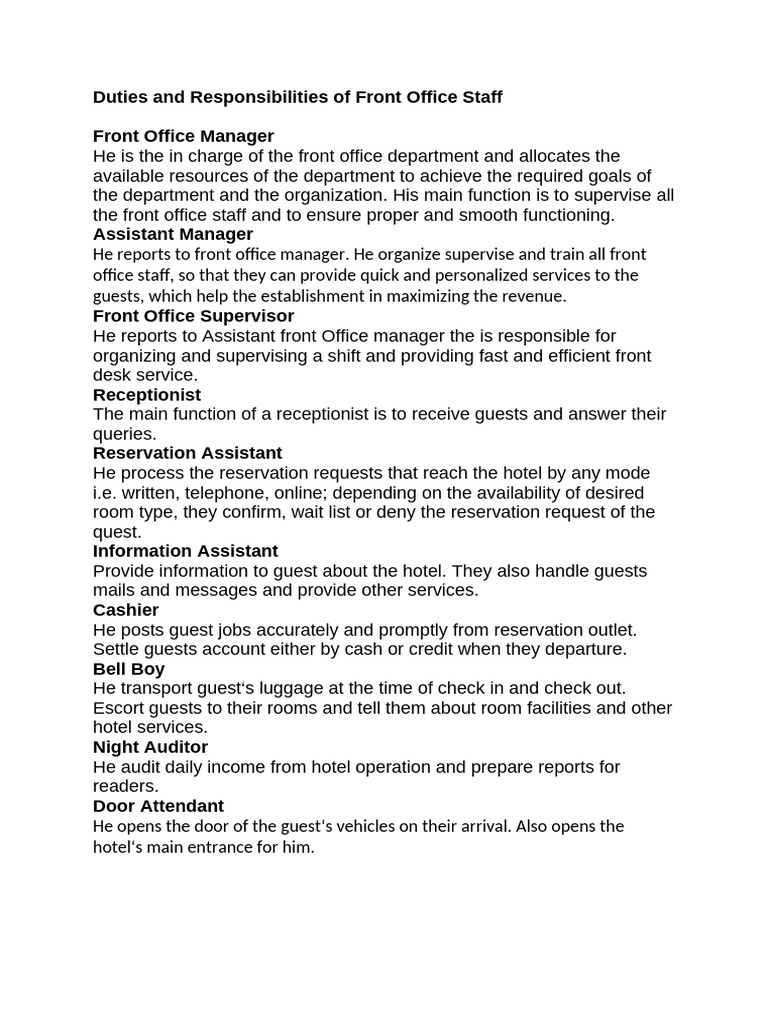 Duties and Responsibilities of Front Office Staff | PDF