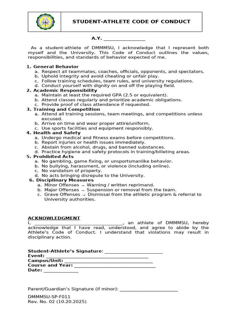 Student Athletes Code of Conduct | PDF