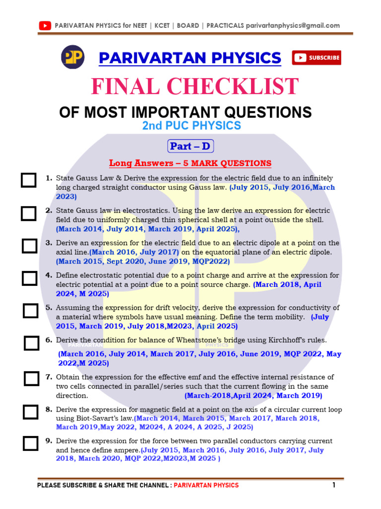 Final Checklist 2026 2nd Puc Physics Most Important Questions Check List | PDF | Electromagnetic ...