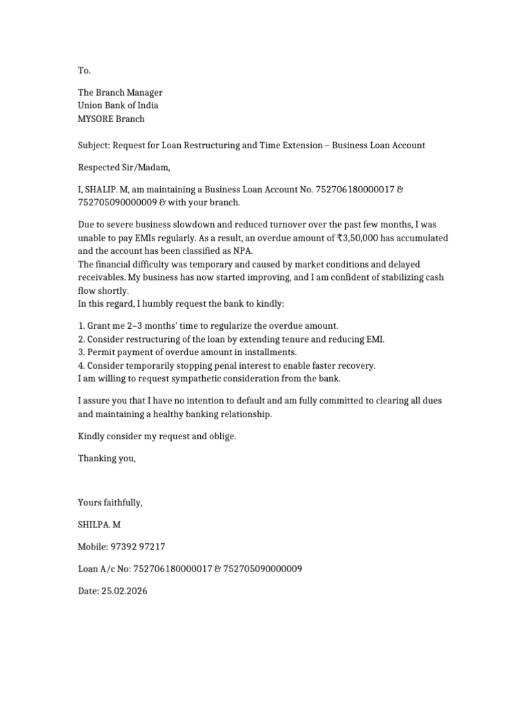 Union Bank Loan Restructuring Request Letter | PDF